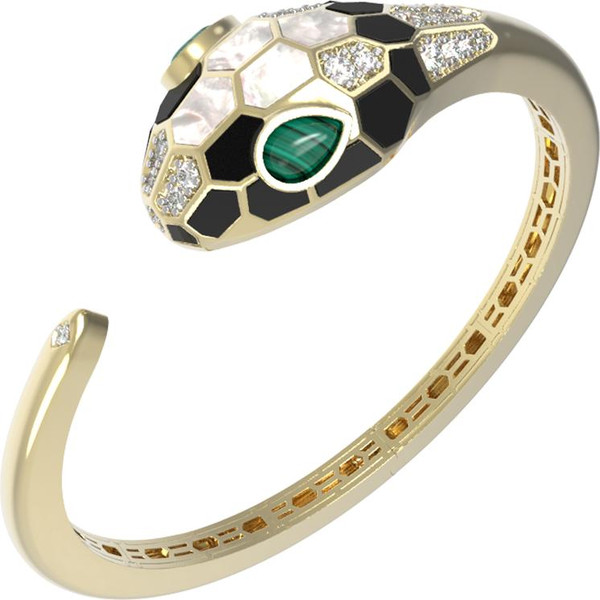 Браслет из лимонного золота 585 пробы c бриллиантами, рубином, ониксом, малахитом и перламутром