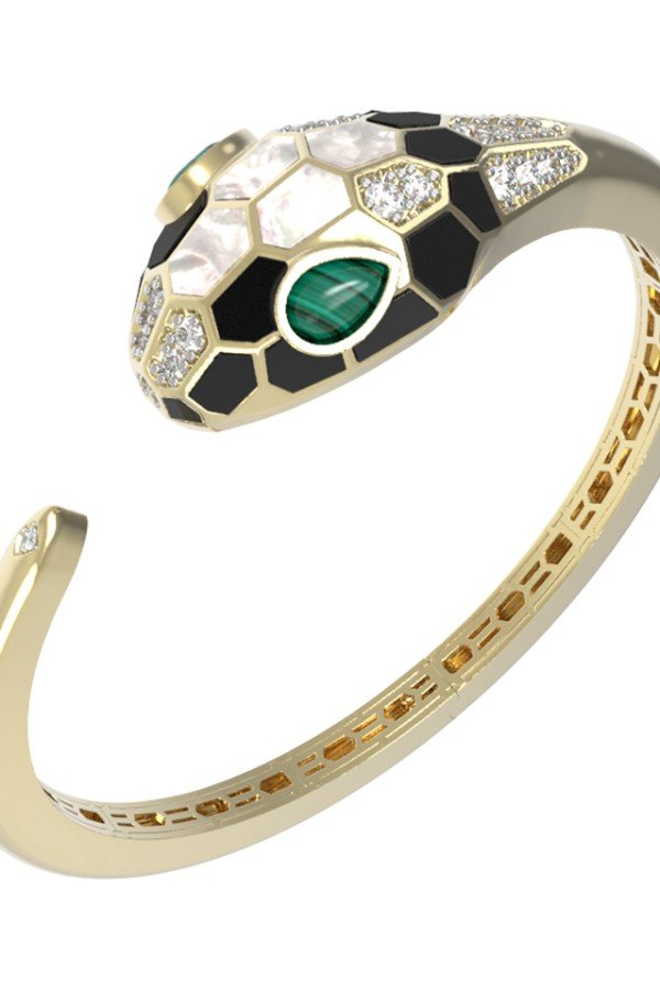 Браслет из лимонного золота c бриллиантами, рубином, ониксом, малахитом и перламутром