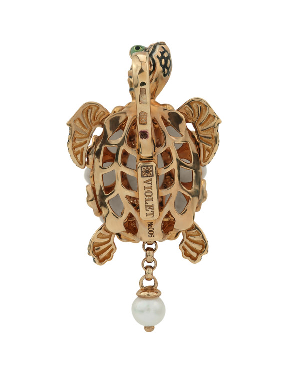 Подвеска из красного золота 585 пробы c эмалью, жемчугом и бивнем мамонта