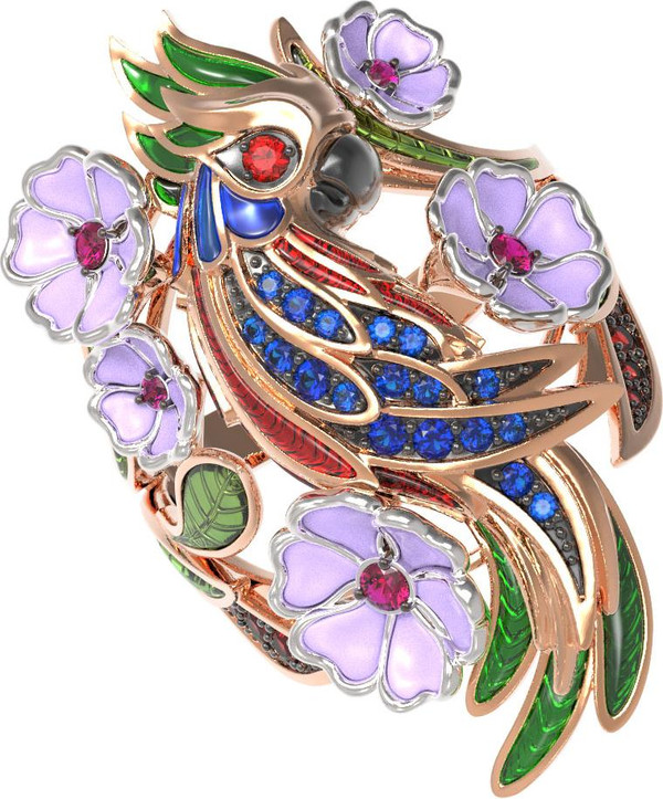 Кольцо из красного золота 585 пробы c эмалью, рубином и сапфиром