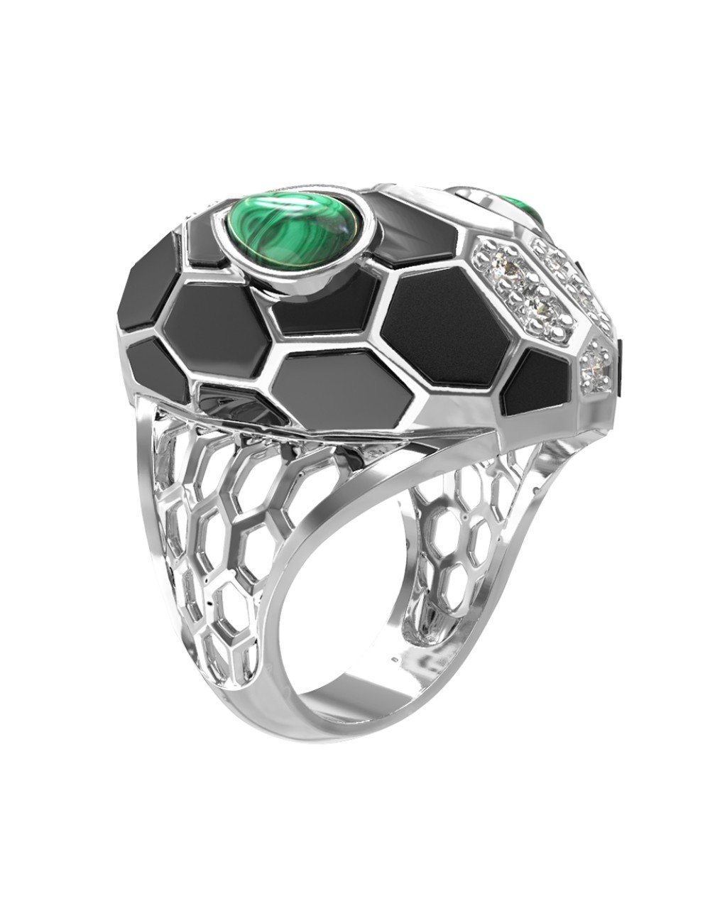 Кольцо из белого золота c бриллиантами, рубином, ониксом, малахитом и перламутром