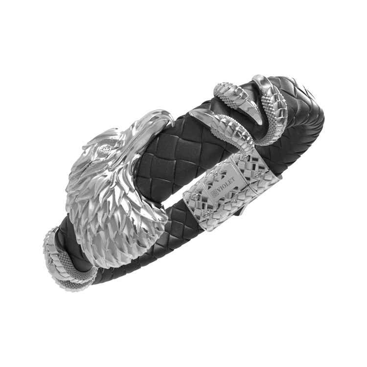 Браслет из белого золота 585 пробы c бриллиантами и кожаным шнурком