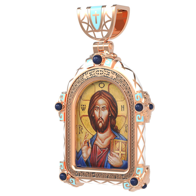 Нательная икона из красного золота 585 пробы c эмалью, иконописью и темперой