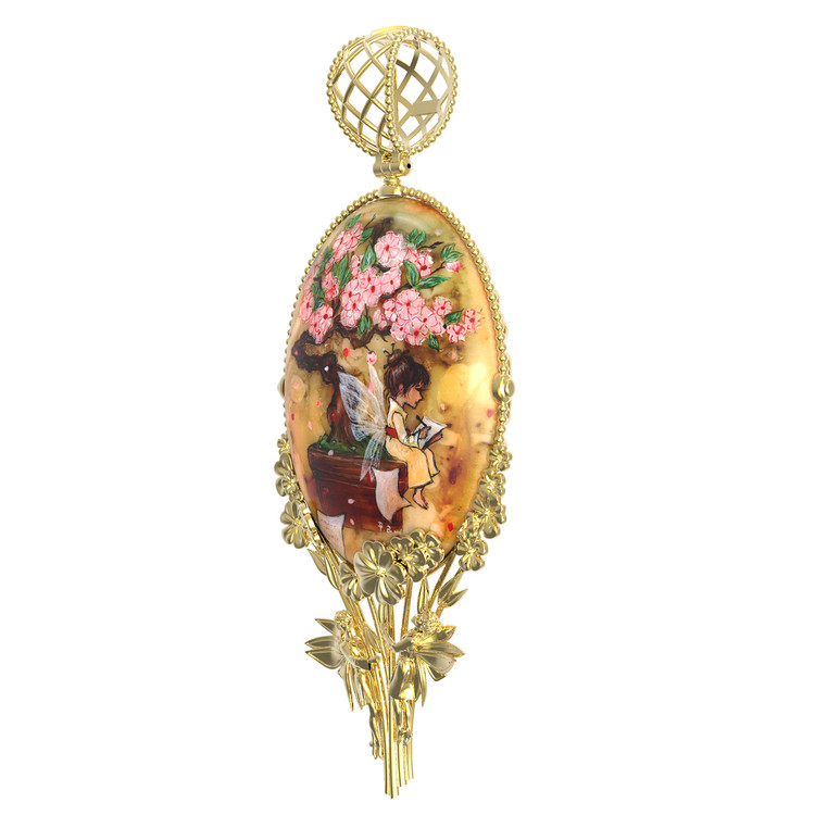 Подвеска из лимонного золота 585 пробы c росписным янтарём