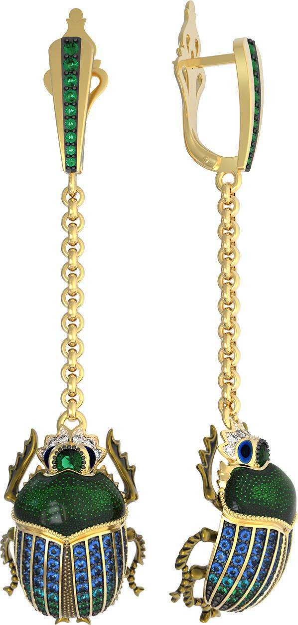 Серьги из лимонного золота 585 пробы c эмалью, фианитом, турмалином и сапфиром