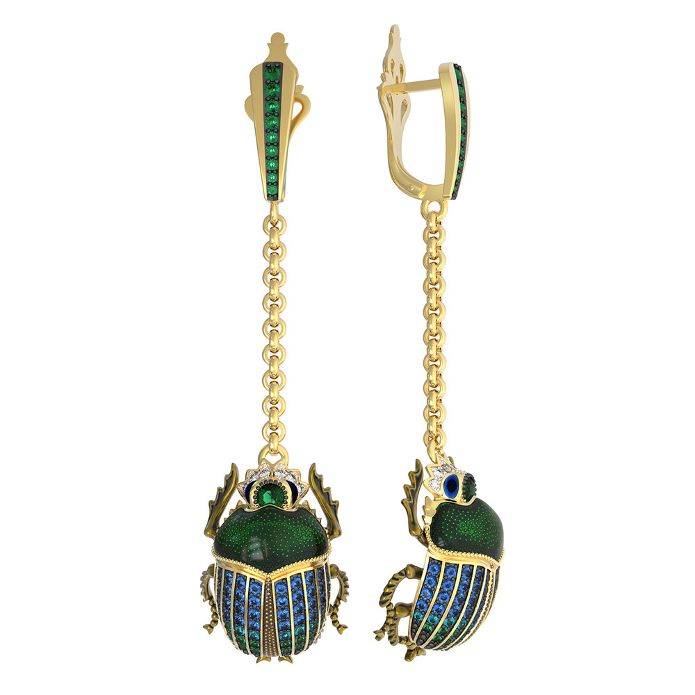 Серьги из лимонного золота 585 пробы c эмалью, фианитом, турмалином и сапфиром