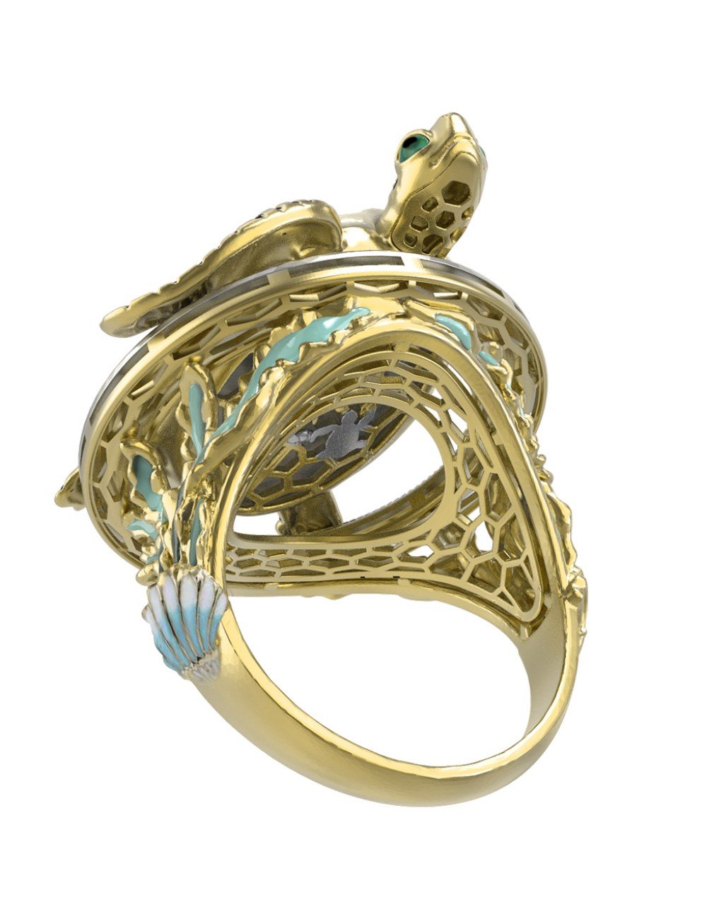 Кольцо из лимонного золота c эмалью и бивнем мамонта