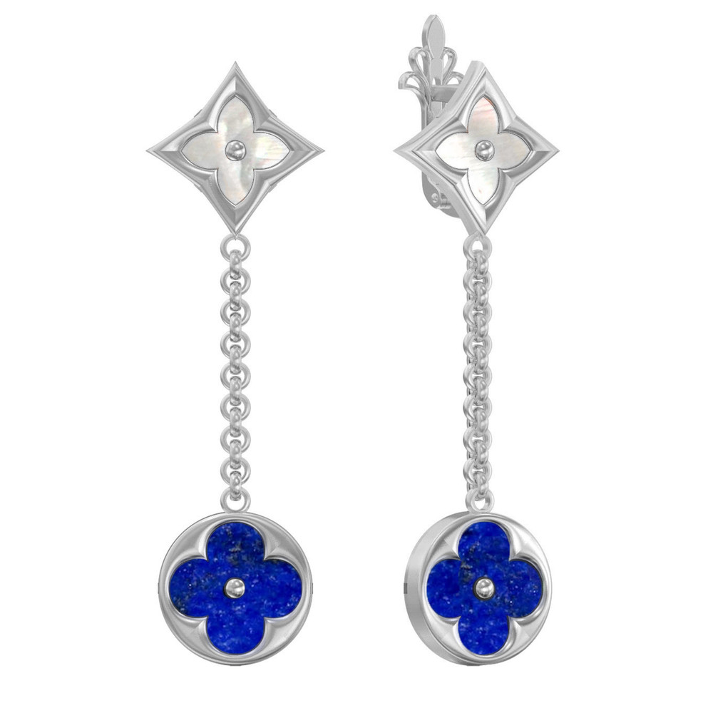 Серьги из белого золота 585 пробы c лазуритом и перламутром