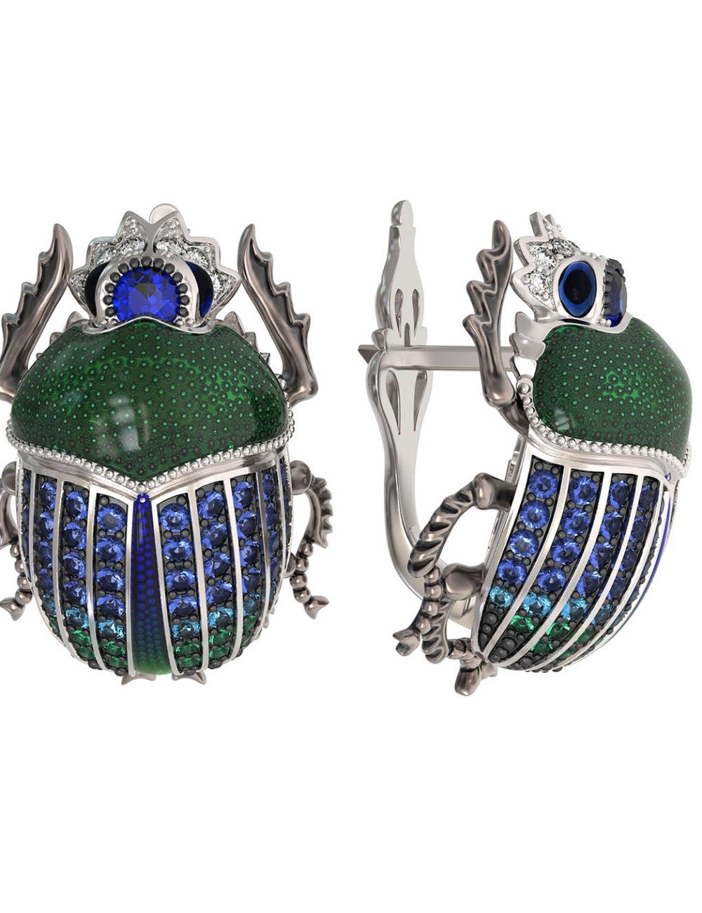 Серьги из белого золота c эмалью, фианитом и сапфиром