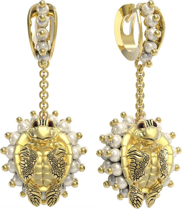 Серьги из лимонного золота 585 пробы c эмалью и жемчугом