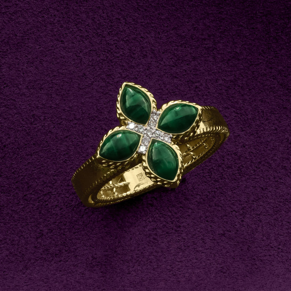 Кольцо из лимонного золота 585 пробы c бриллиантами и малахитом