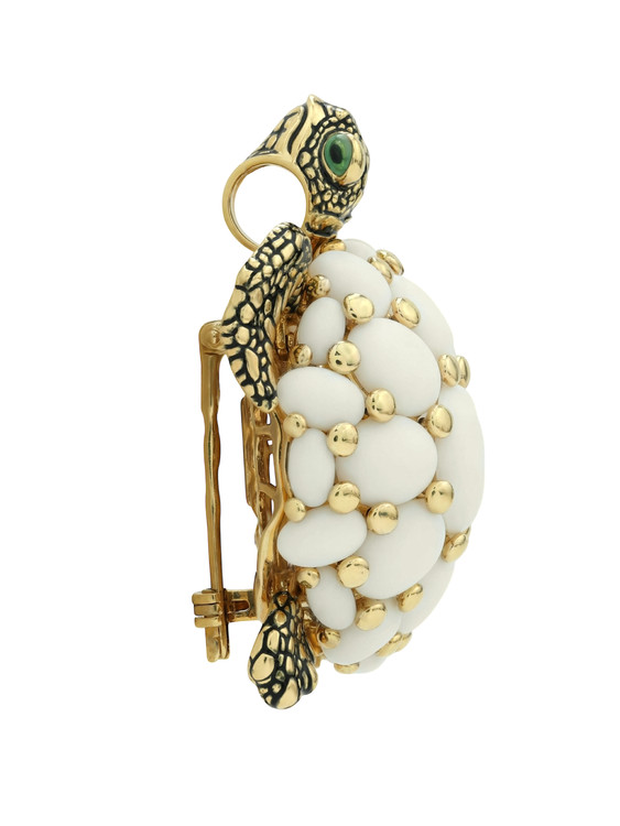 Брошь-подвеска из лимонного золота 585 пробы c эмалью и бивнем мамонта