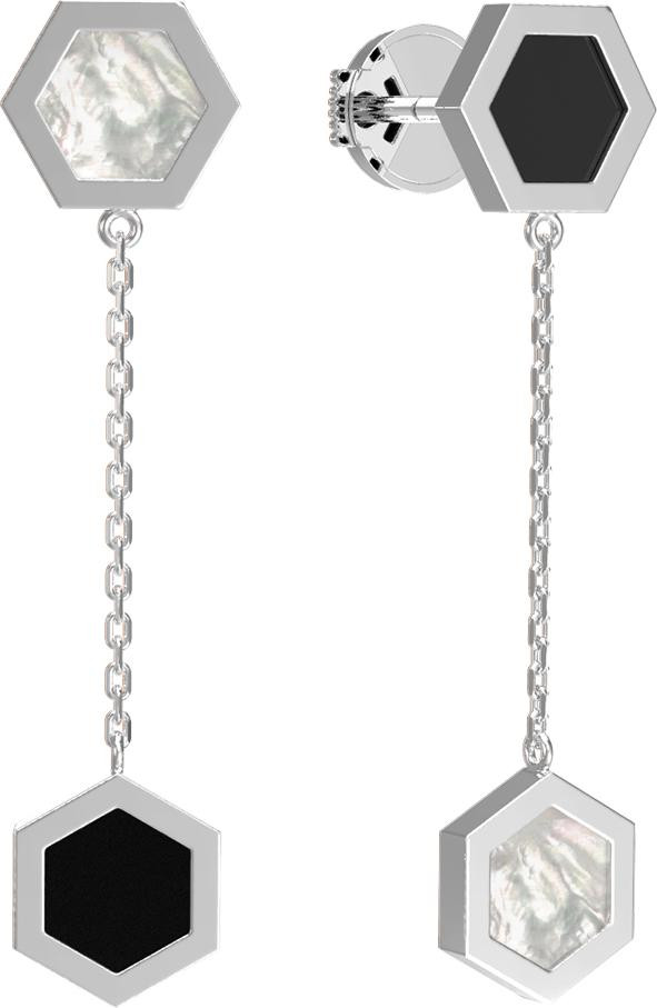 Серьги из белого золота 585 пробы c ониксом и перламутром