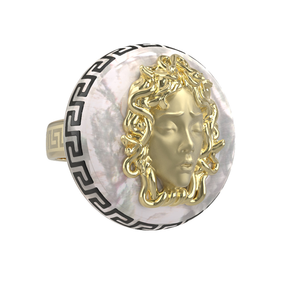 Кольцо из лимонного золота 585 пробы c эмалью и перламутром