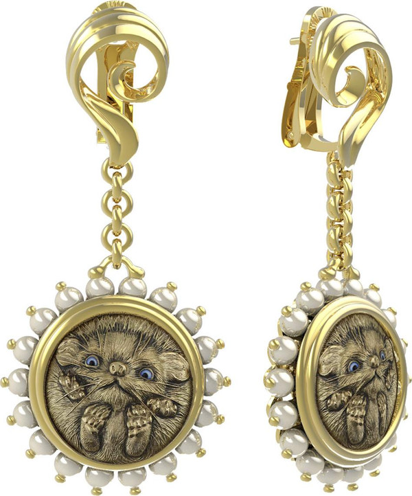 Серьги из лимонного золота 585 пробы c эмалью и жемчугом