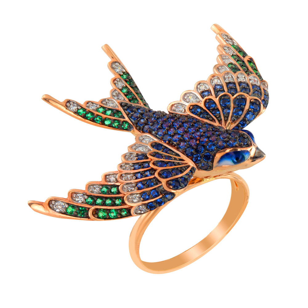 Кольцо из красного золота 585 пробы c эмалью и фианитом