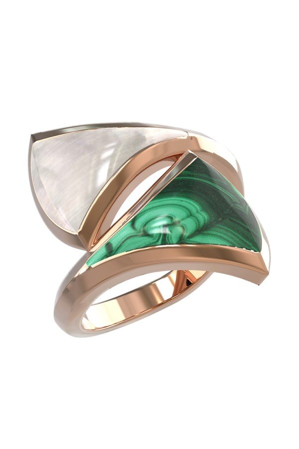 Кольцо из золота c малахитом и перламутром