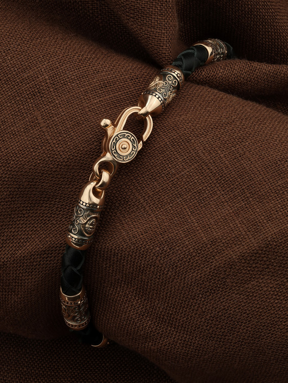 Браслет-шнурок из красного золота 585 пробы c кожаным шнурком