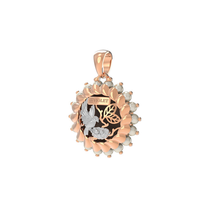 Подвеска из красного золота 585 пробы c эмалью и жемчугом