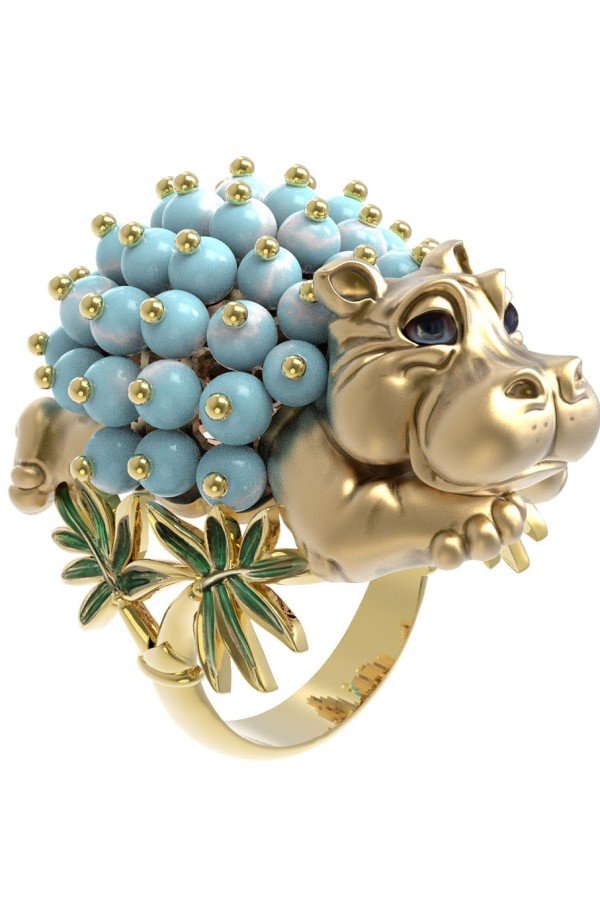 Кольцо из лимонного золота c эмалью и бирюзой