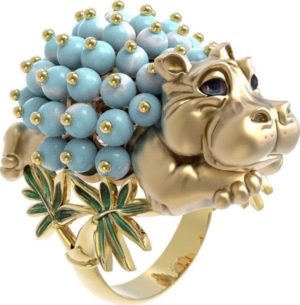 Кольцо из лимонного золота c эмалью и бирюзой