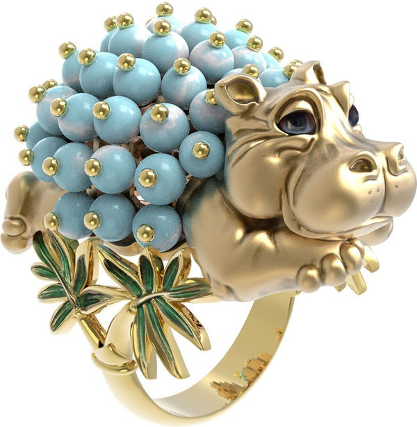 Кольцо из лимонного золота 585 пробы c эмалью и бирюзой