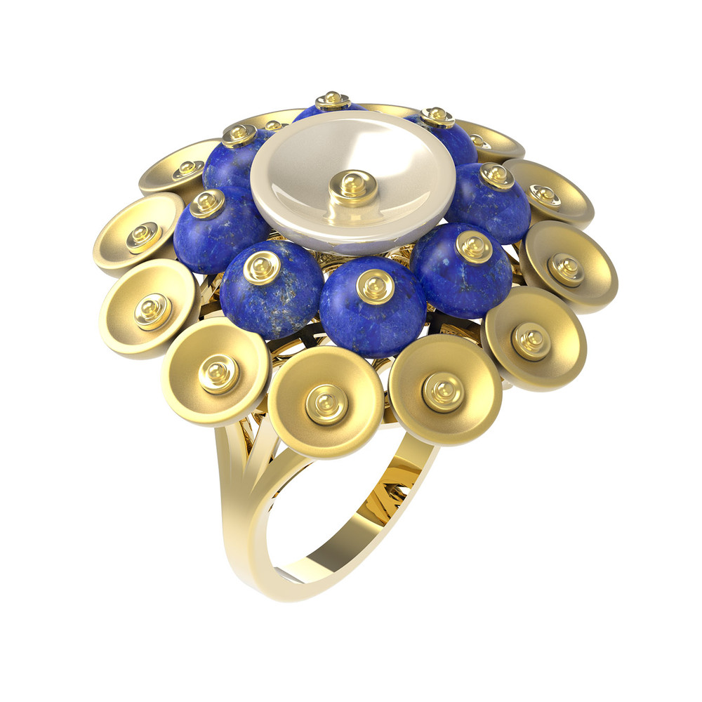 Кольцо из лимонного золота 585 пробы c лазуритом и перламутром