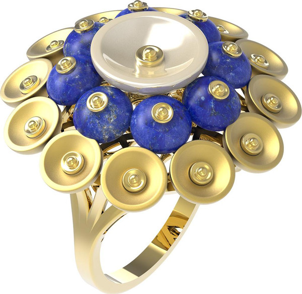 Кольцо из лимонного золота 585 пробы c лазуритом и перламутром