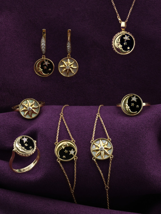 Серьги из лимонного золота 585 пробы c бриллиантами, ониксом и перламутром