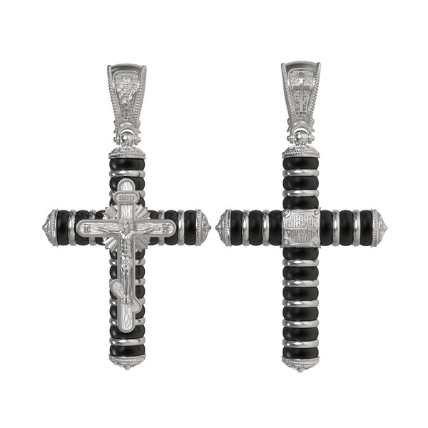 Крест из белого золота 585 пробы c ониксом