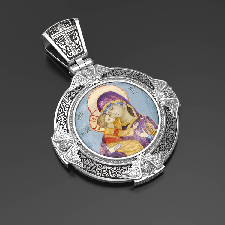 Нательная икона из белого золота 585 пробы c эмалью, иконописью и темперой