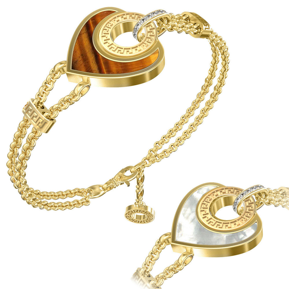 Браслет из лимонного золота 585 пробы c фианитом, тигровым глазом и перламутром