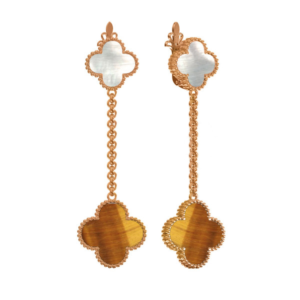 Серьги из красного золота 585 пробы c тигровым глазом и перламутром