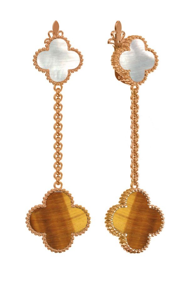 Серьги из золота c тигровым глазом и перламутром