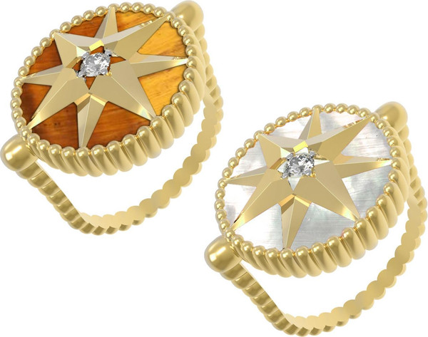 Кольцо из лимонного золота 585 пробы c фианитом, тигровым глазом и перламутром