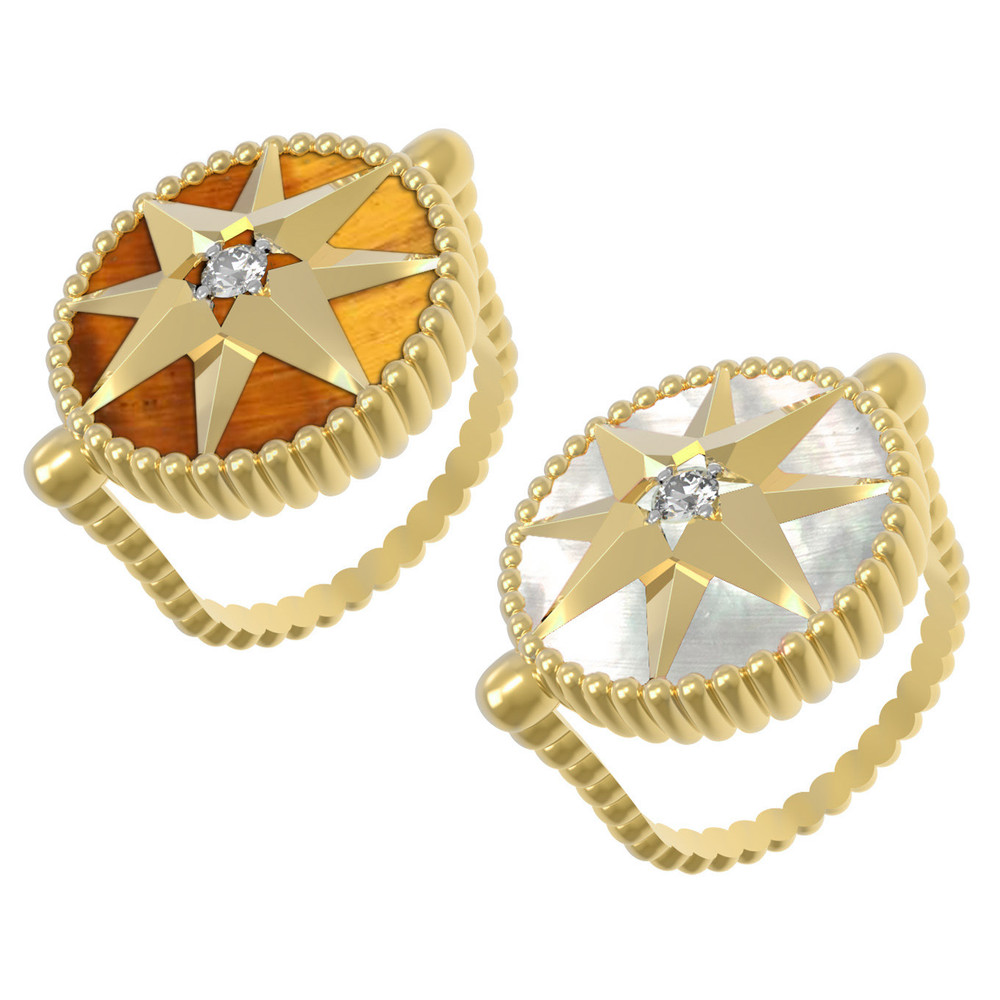 Кольцо из лимонного золота 585 пробы c фианитом, тигровым глазом и перламутром