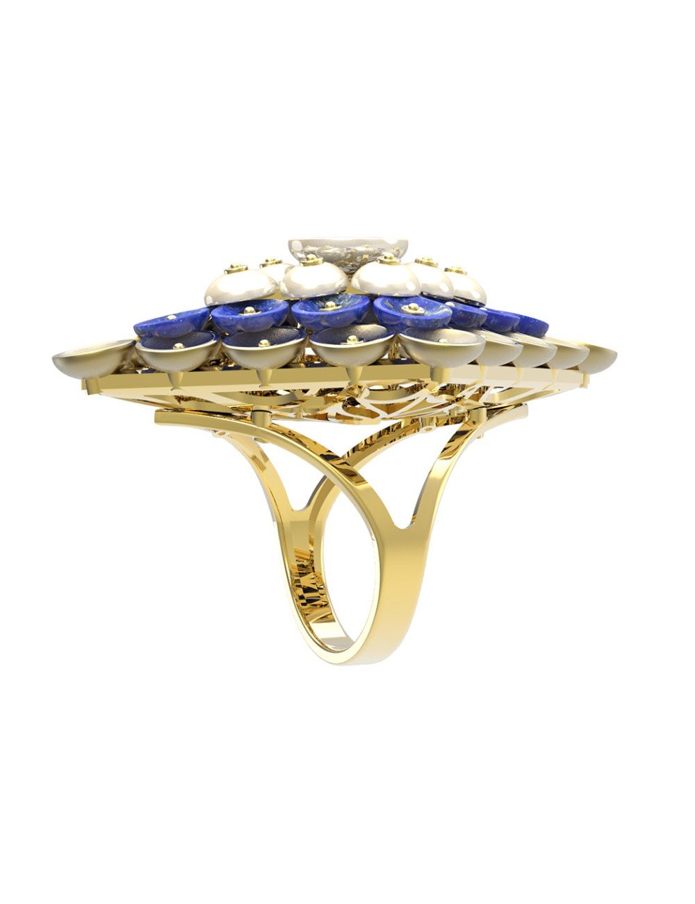Кольцо из лимонного золота c лазуритом и перламутром