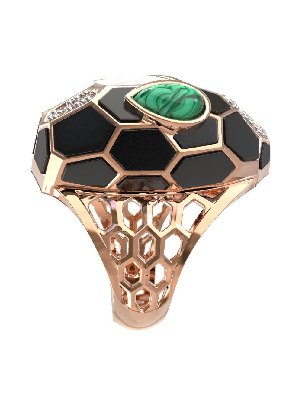 Кольцо из золота c бриллиантами, рубином, ониксом, малахитом и перламутром