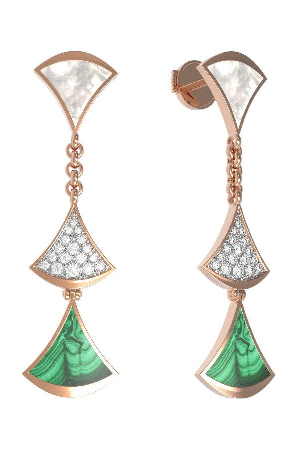 Серьги из золота c бриллиантами, малахитом и перламутром