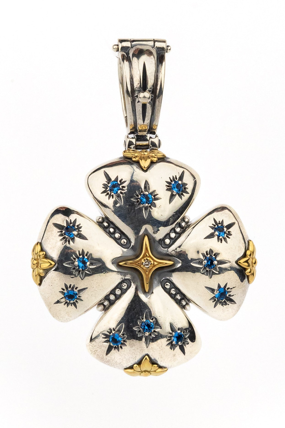 Крест из серебра 925 пробы и золота 750 пробы c фианитом, бриллиантами и рубином