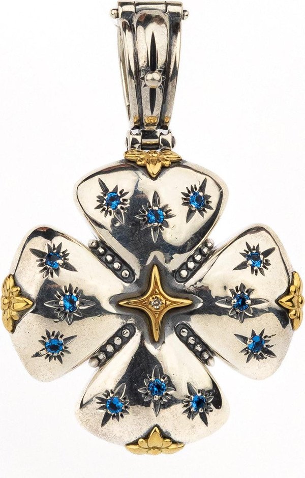 Крест из серебра 925 пробы и золота 750 пробы c фианитом, бриллиантами и рубином