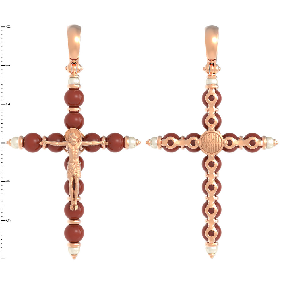 Крест из красного золота 585 пробы c жемчугом и кораллом