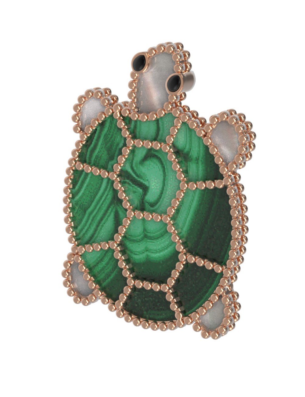 Брошь из золота c эмалью, малахитом и перламутром