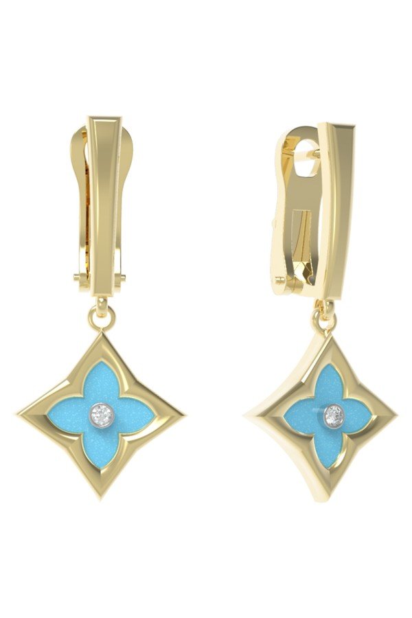 Серьги из лимонного золота c бриллиантами и бирюзой