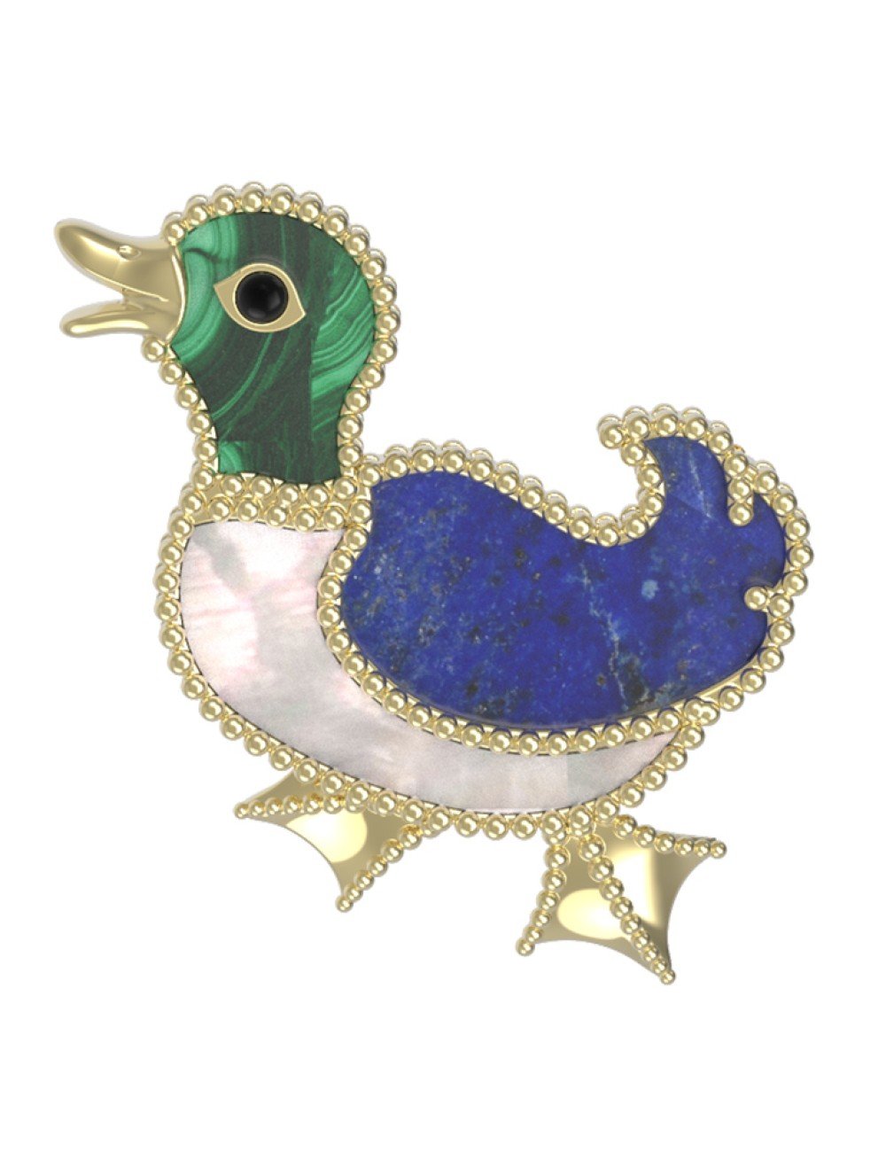 Брошь из лимонного золота c эмалью, лазуритом, малахитом и перламутром