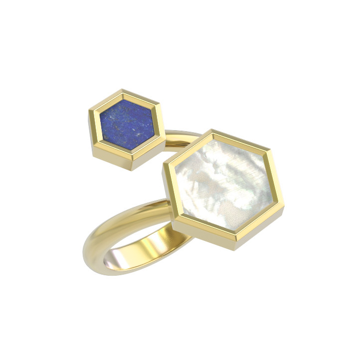 Кольцо из лимонного золота 585 пробы c лазуритом и перламутром