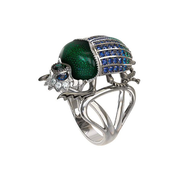 Кольцо из белого золота 585 пробы c эмалью, фианитом и сапфиром