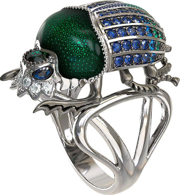 Кольцо из белого золота 585 пробы c эмалью, фианитом и сапфиром