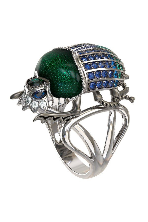 Кольцо из белого золота c эмалью, фианитом и сапфиром