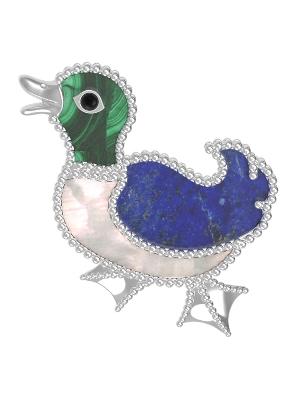 Брошь из белого золота c эмалью, лазуритом, малахитом и перламутром